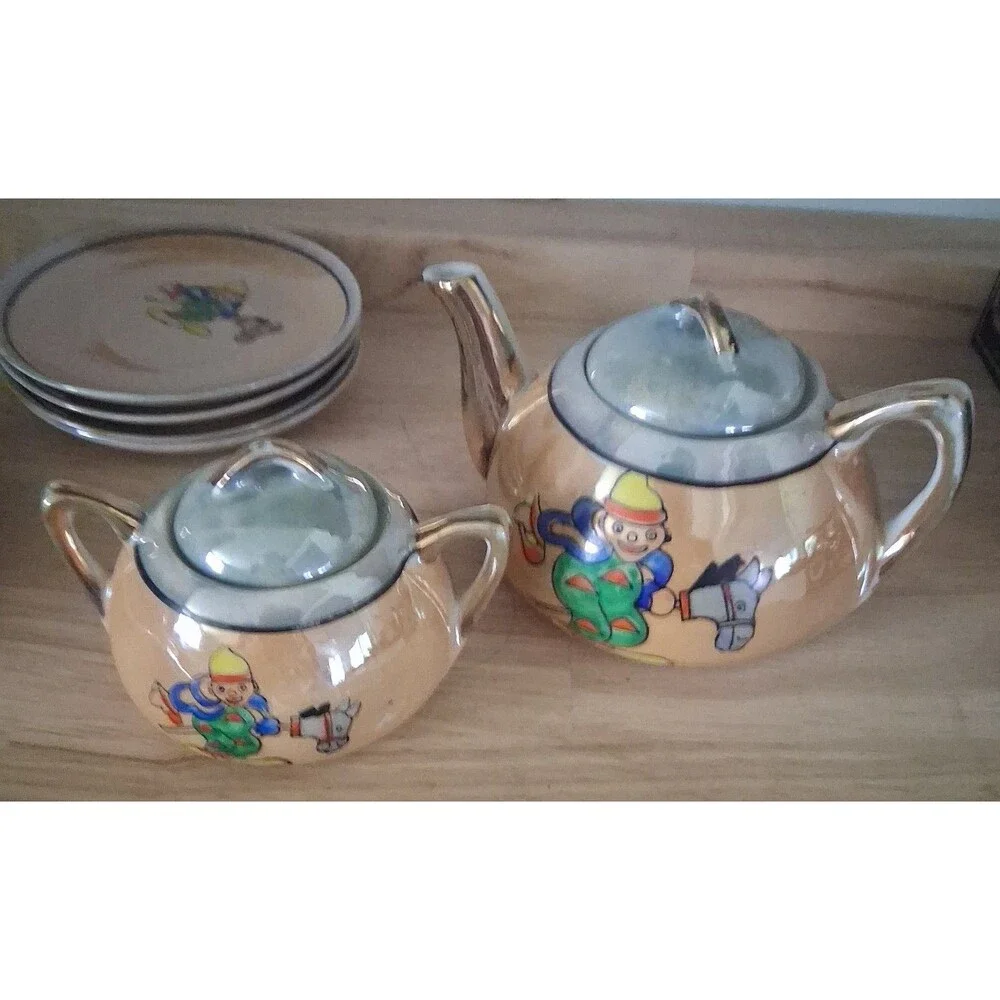 Antique Tea Set, Japan Lusterware clown, Teapot, Sugar, saucers and plates 11